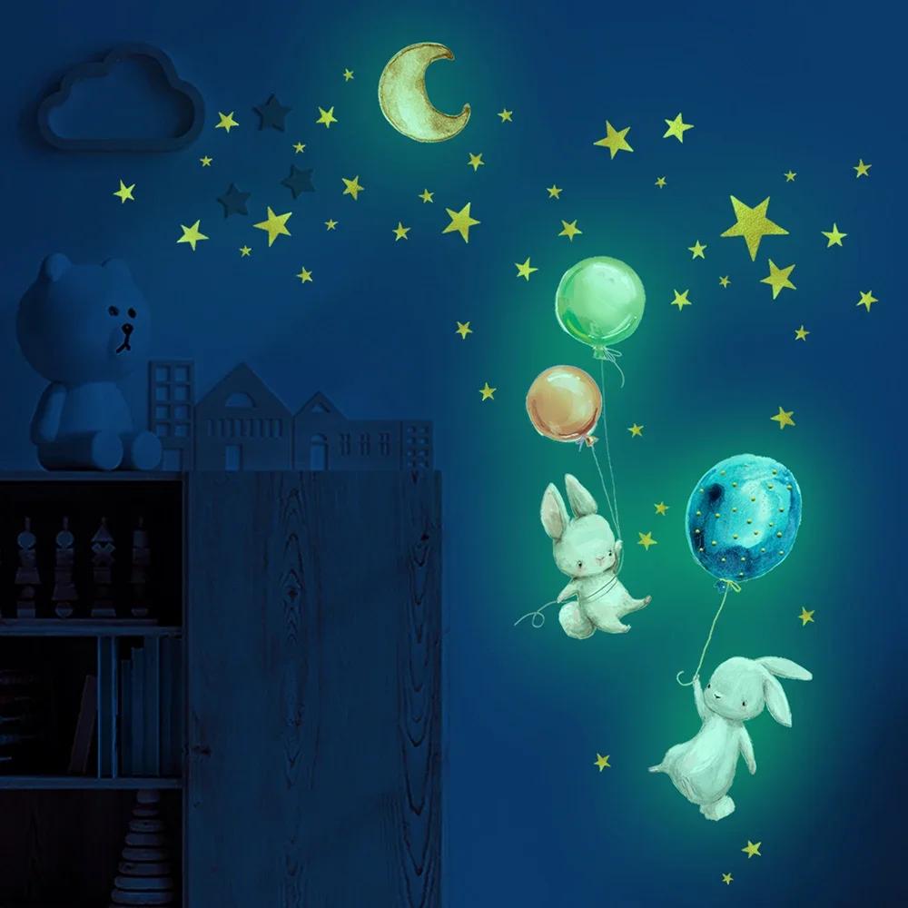 Autocollants muraux lumineux en ballon de lapin de dessin animé, papier peint qui brille dans la nui