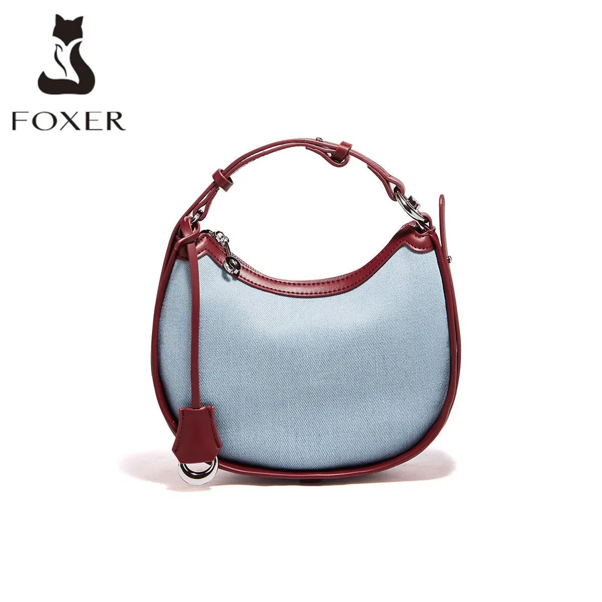 FOXER femmes Denim + cuir sac à bandoulière demi-lune sac à bandoulière mode dame petit Simple bleu 