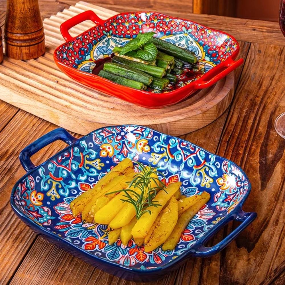 1 pièce d'assiette à salade de style bohème de 9 pouces avec plat à pâtes en céramique à double orei
