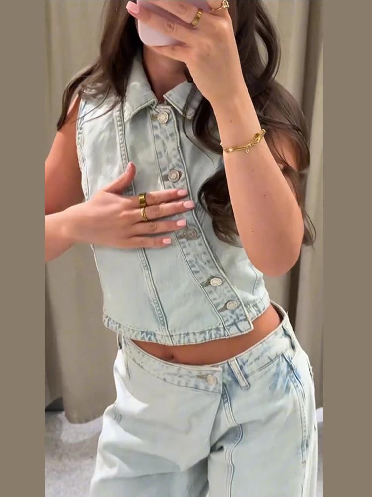 Nouvel ensemble 2026 : Gilet en jean et pantalon pour femme – Veste ajustée sans manches à revers et