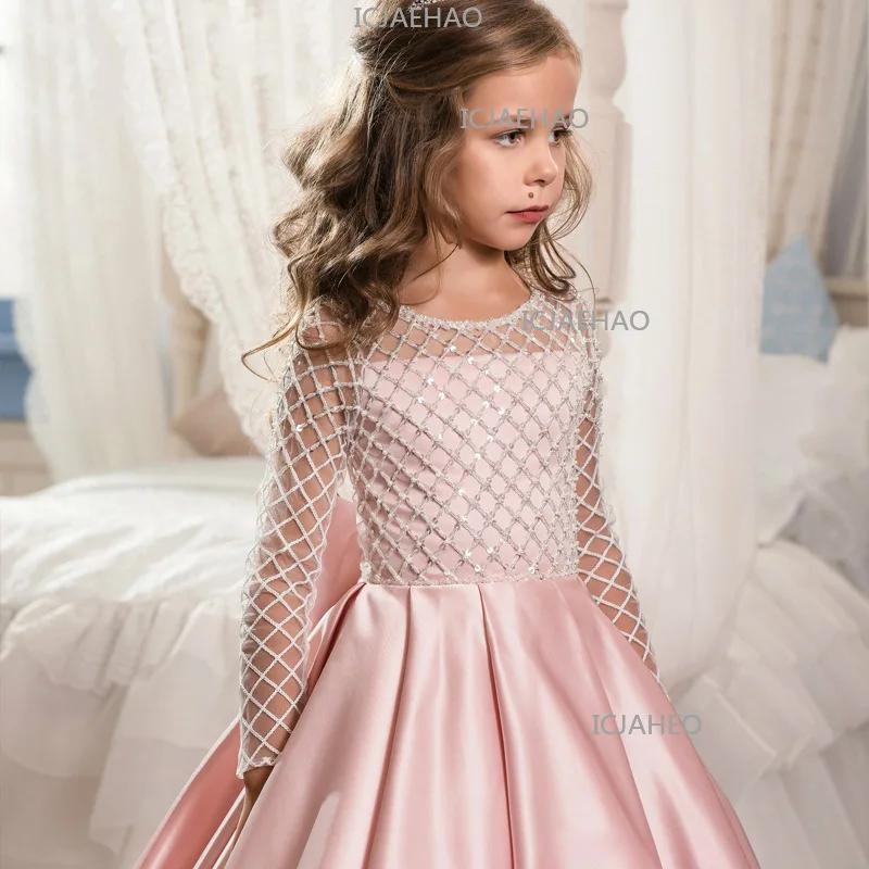 Robe de princesse pour fille 2026, style mode, en dentelle et satin, avec nœud, petite traîne et fle