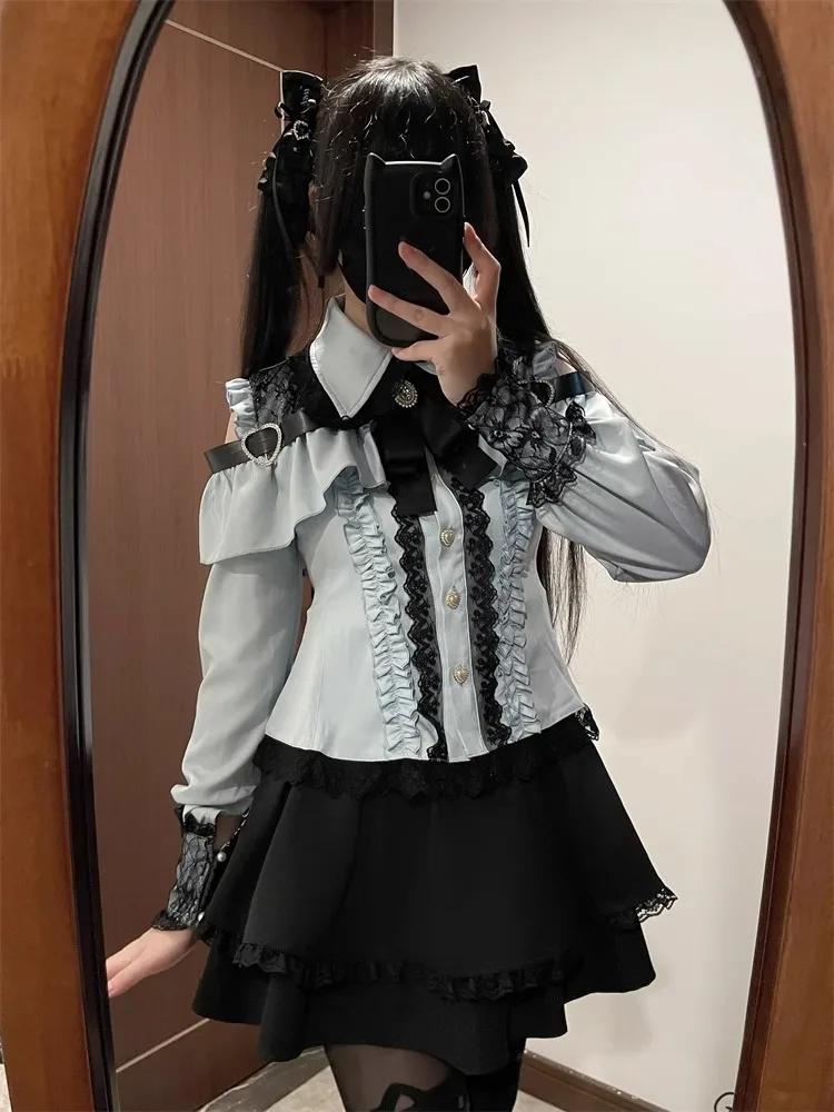 Ensemble Lolita de Type sol en forme de cœur doux foncé, haut à manches à volants et jupe trapèze, j