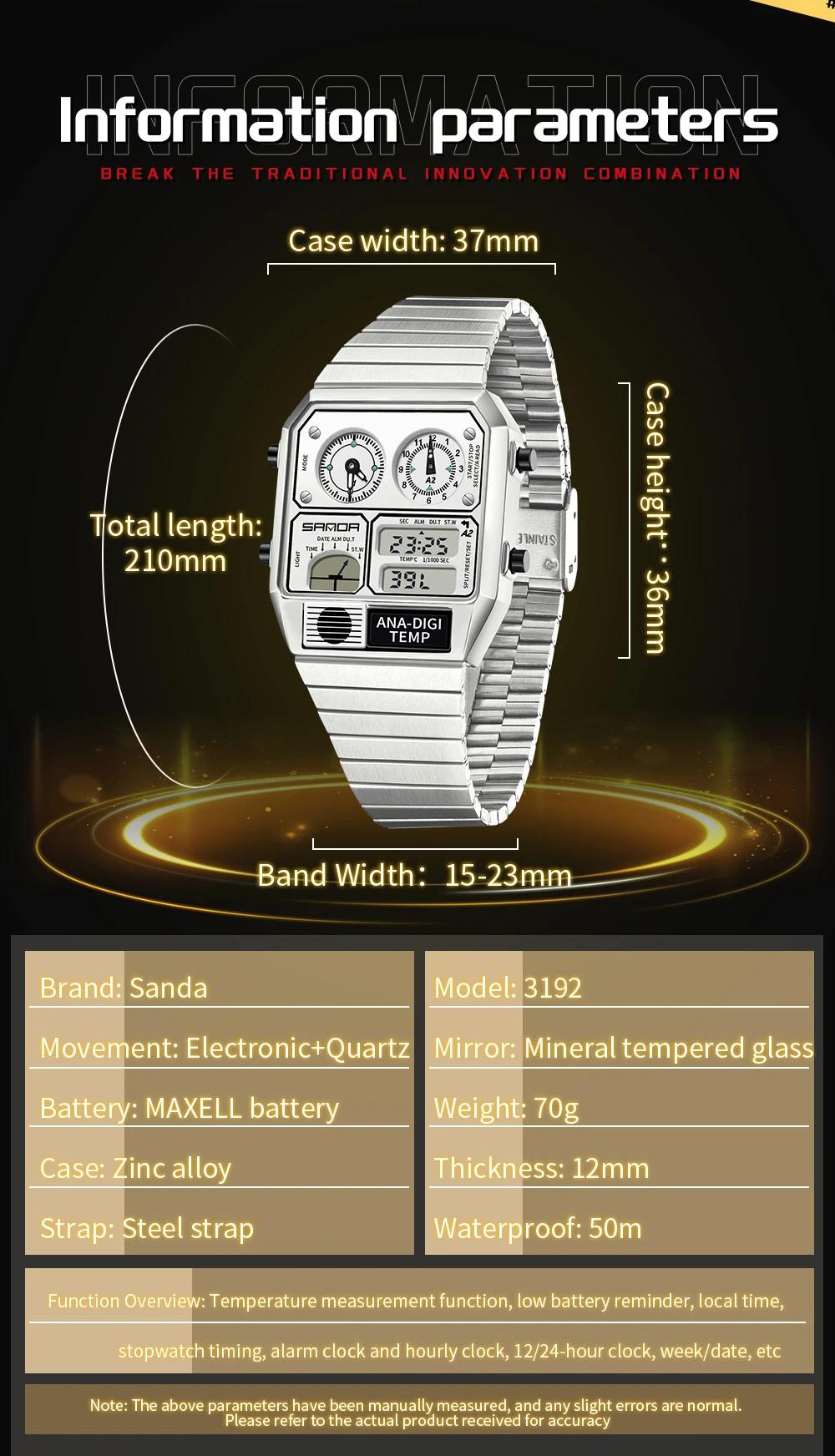 SANDA nouveau 3192 montre électronique carrée pour hommes LED étanche thermomètre chronomètre pour m