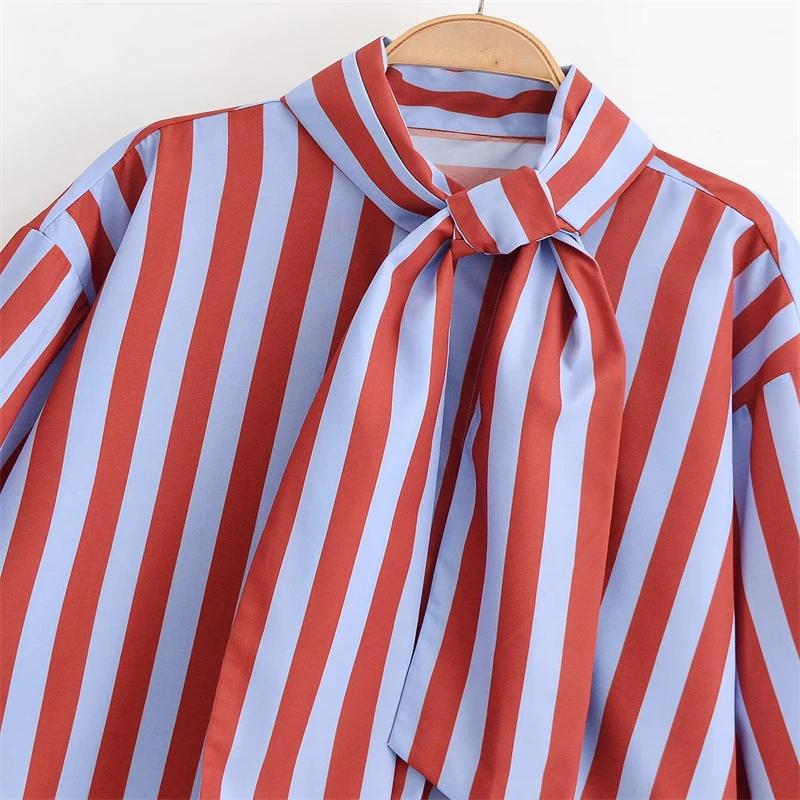Chemise à rayures verticales rouges et bleues pour femmes, avec col noué, manches longues, ourlet in