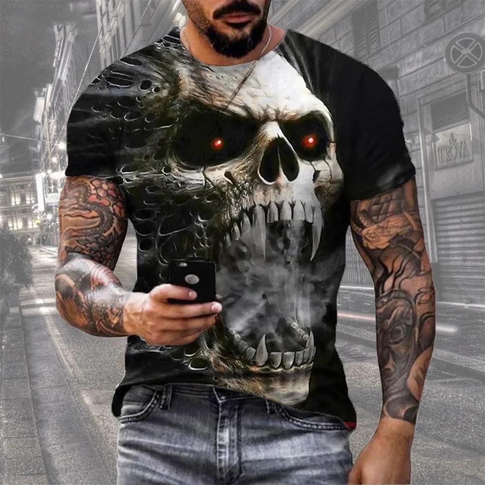 T-shirt imprimé tête de mort 3D rétro, hip hop, personnalité, super cool, horreur, décontracté, mode