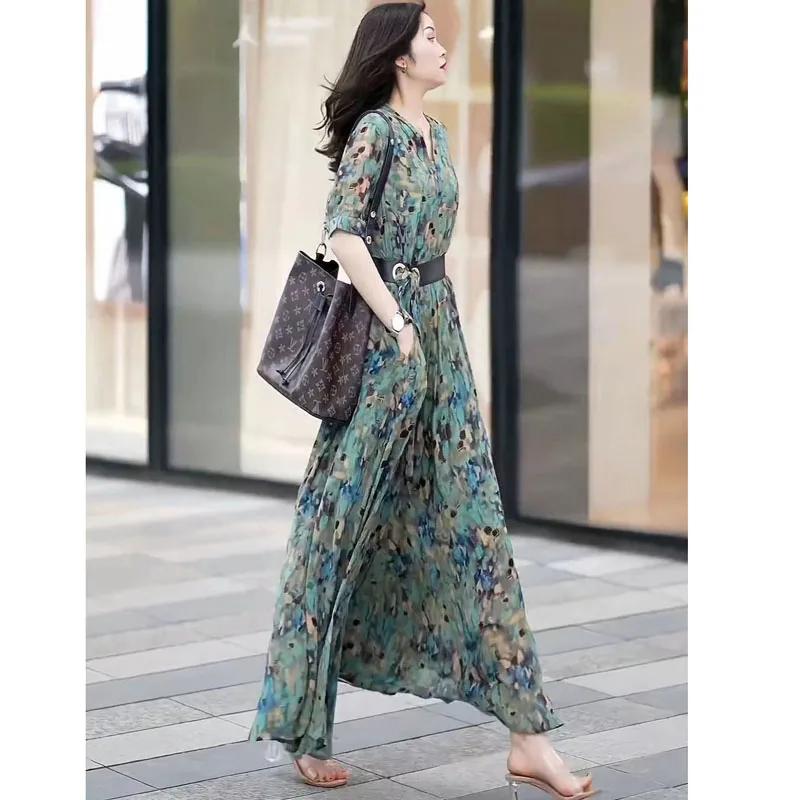 Robe longue imprimée à manches mi-longues pour femmes, robes à col en V, laçage taille haute, vêteme