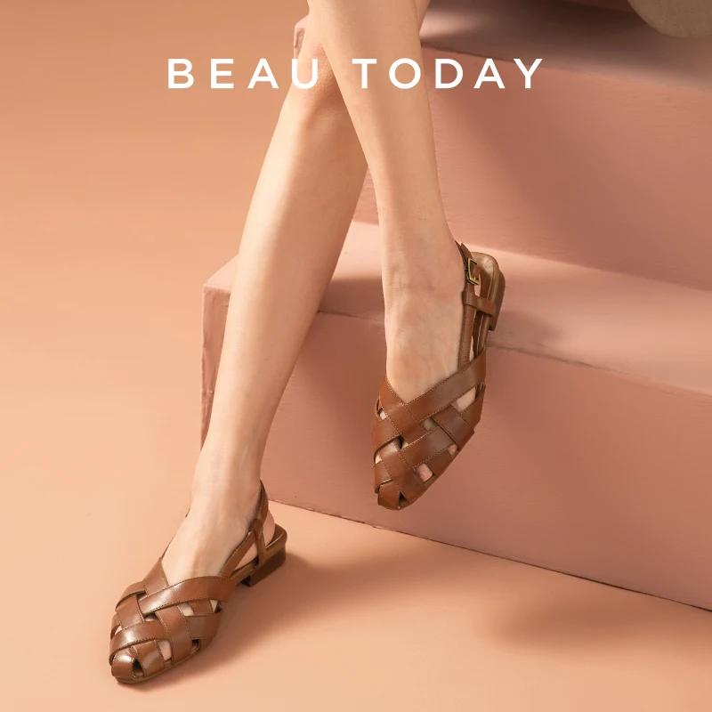 BEAUTODAY – sandales gladiateur en cuir de vache pour femmes, chaussures plates d'extérieur à bout p