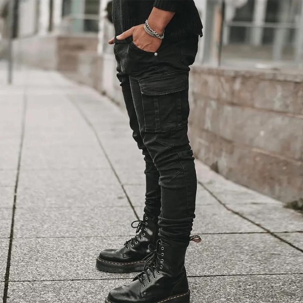 Jean élastique de rue pour hommes, pantalon Cargo en Denim, couleur unie, multi-poches, décontracté,