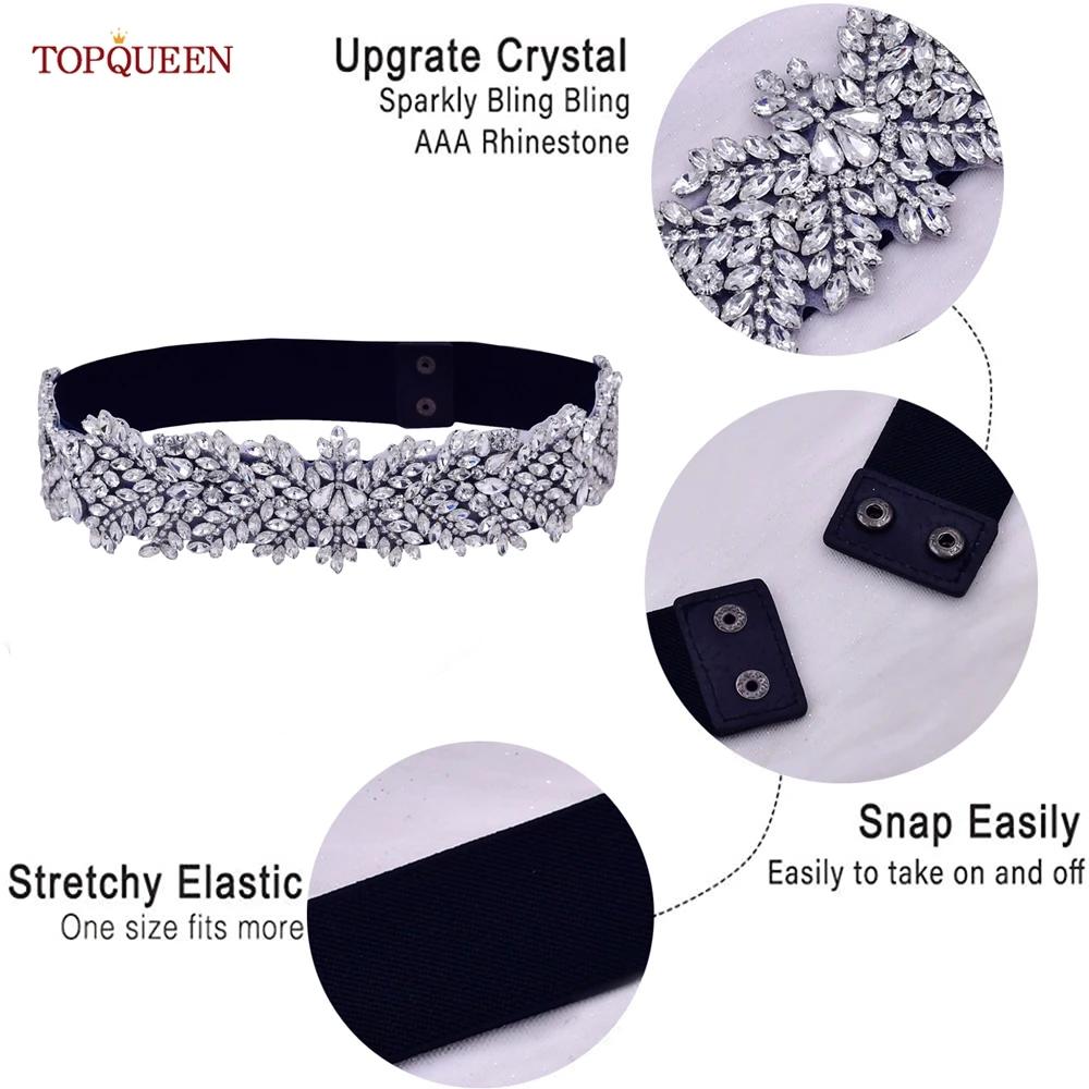 TOPQUEEN S420-B femmes noir mode élastique larges ceintures argent strass à la main perlé ceinture r