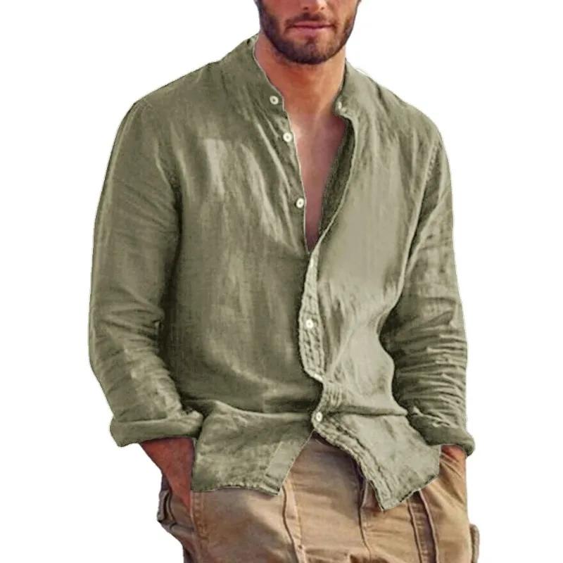 Sweat-shirt à manches longues pour hommes, chemise en lin de couleur unie, tendance, col montant, dé