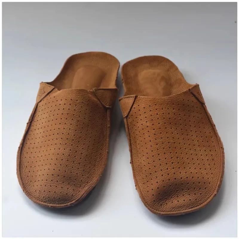 Pantoufles rétro perforées pour hommes, sandales d'été en cuir de vache