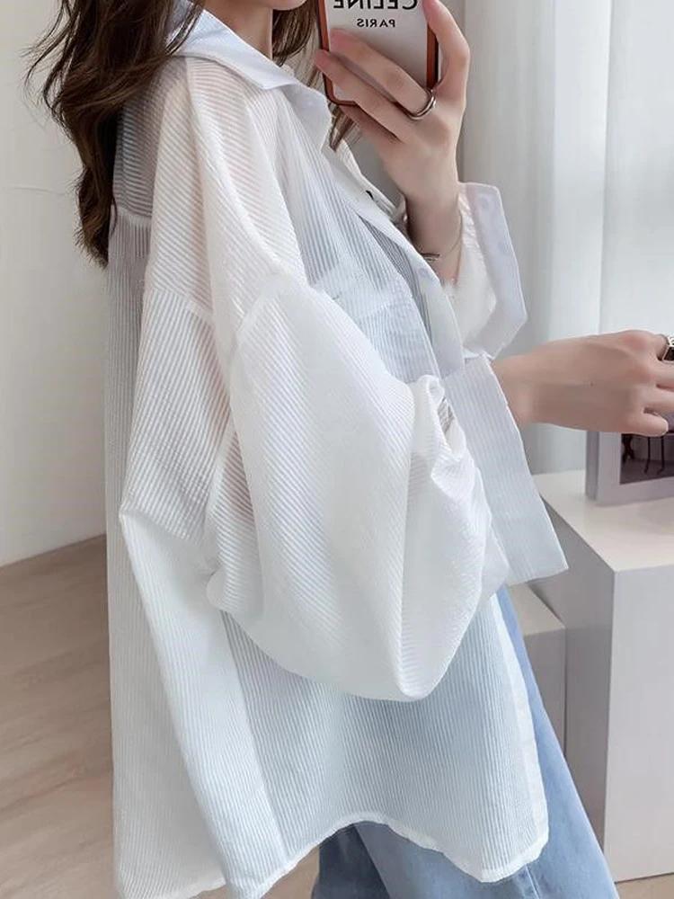 Jmprs coréen Sexy femmes Transparent rayé chemise surdimensionné ample à manches longues coréen rési