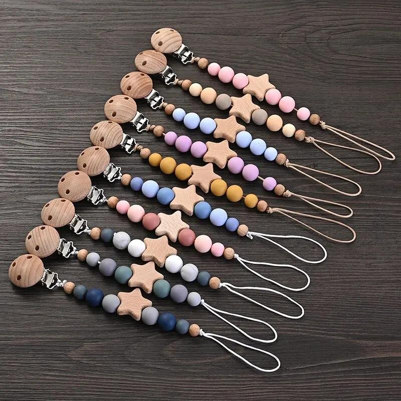 Clips de chaîne de sucette pour bébé, anneau de dentition pentagramme en bois, perles rondes en Sili