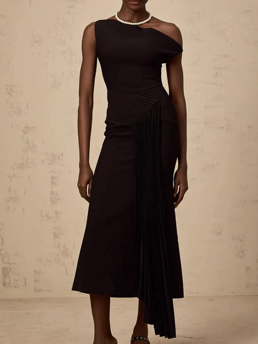 TWOTWINSTYLE – robe mi-longue élégante et amincissante pour femmes, couleur unie, col diagonal, épau