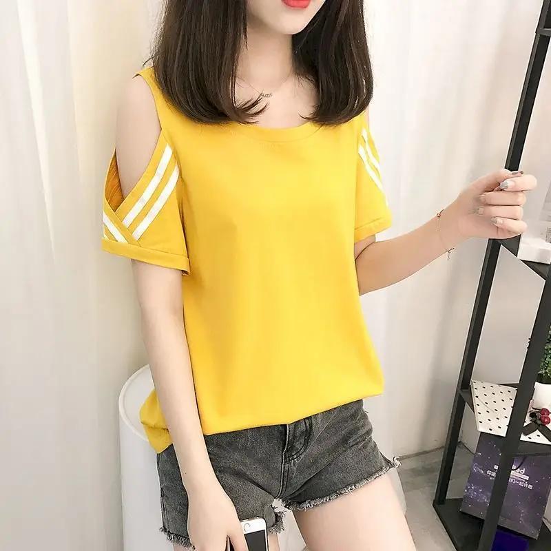 T-shirt ample à manches courtes pour femme, haut estival et fin, surdimensionné, à épaules dénudées,