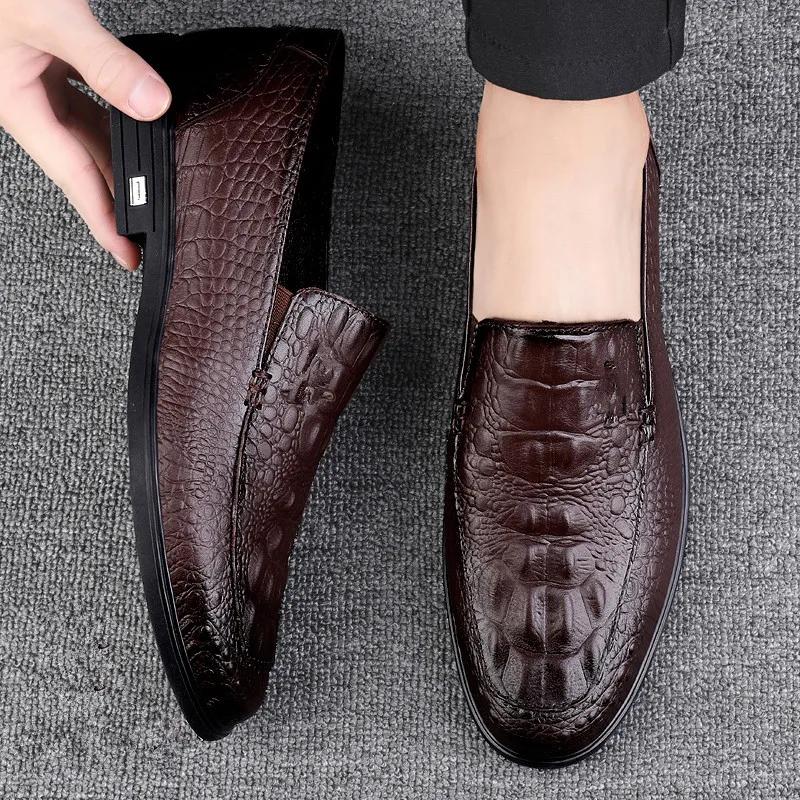 Chaussures décontractées en cuir véritable pour hommes, mocassins d'affaires formels, motif crocodil