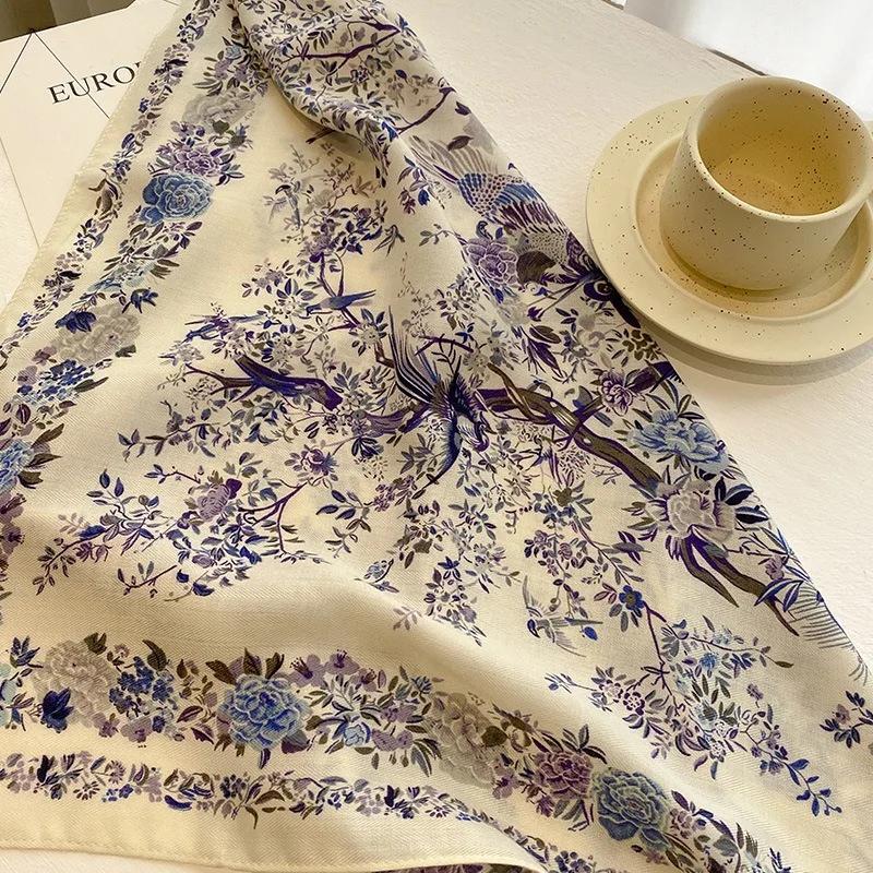 70x70 cm Simple élégance Floral oiseau imprimé foulard en soie lyrique velours Style coréen campagne