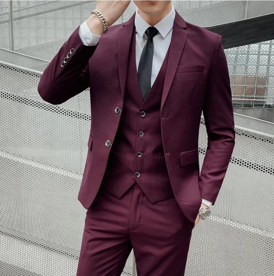 Costume (Blazer + gilet + pantalon) pour hommes, mode affaires, tendance en plein air, couleur unie,