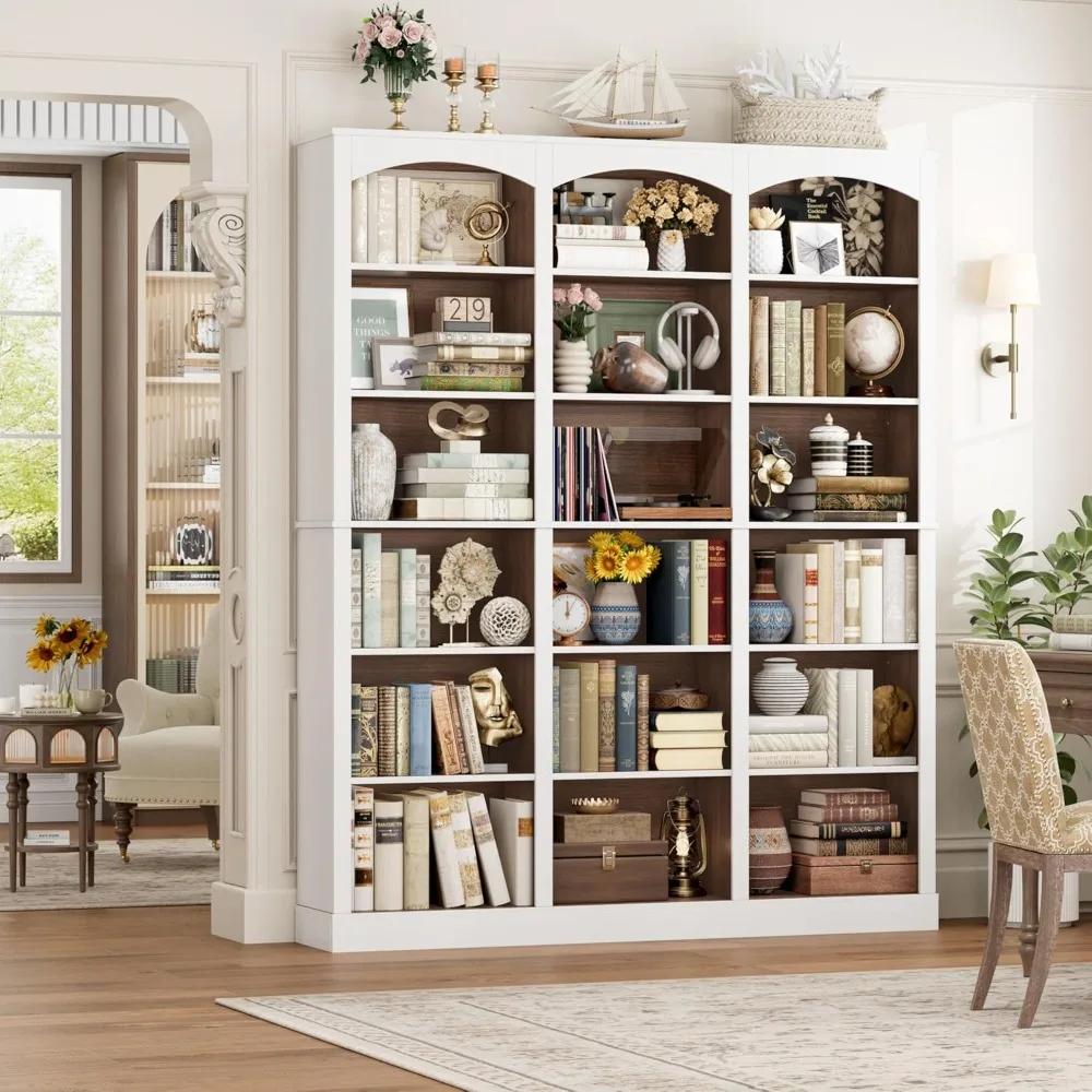 Étagère à livres triple de 71 pouces de large, bibliothèque haute à 6 niveaux, grande bibliothèque a