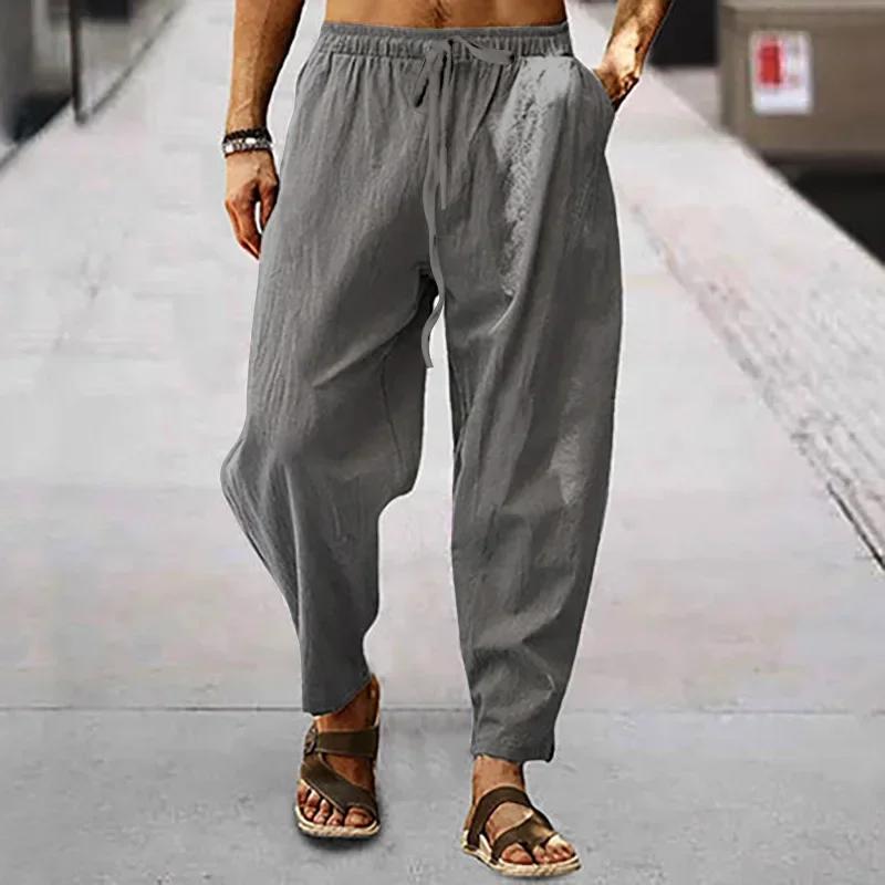 2025 hommes coton lin pantalon été et automne solide taille haute pantalon à jambes larges mâle lâch