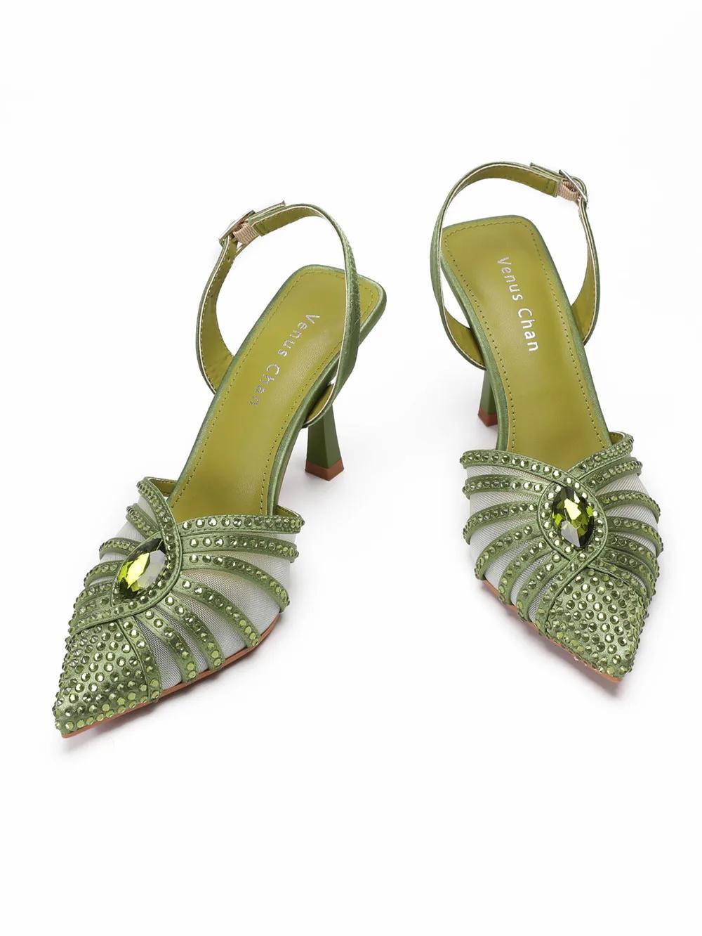 Ensemble de sacs à main élégants à talons verts et strass pour femmes, vert fruit, Design italien po