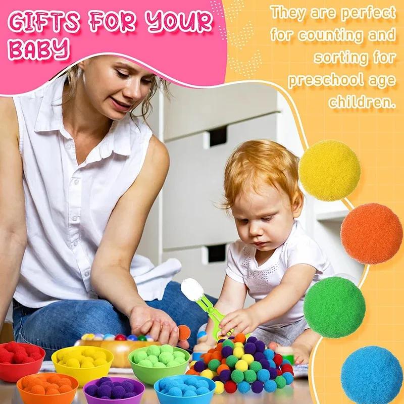 Jouets de comptage et de tri pour enfants, pompons, couleurs arc-en-ciel, bols en plastique, pincett