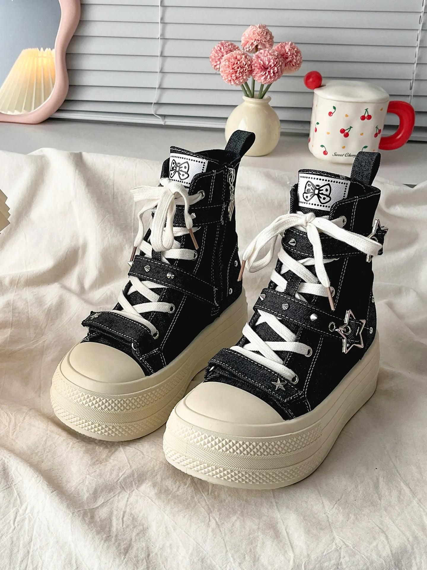 Baskets décontractées rétro haut de gamme à semelle épaisse en toile pour femme, nouvelle collection