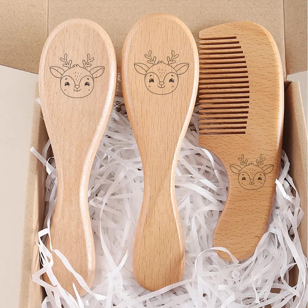 3 pièces ensemble gravure panda bébé peigne brosse ensemble nouveau-né coffret cadeau laine naturell