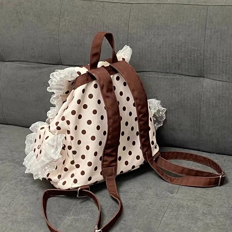 Sac à dos Preppy à pois avec nœud décoratif en dentelle, plusieurs poches, grande capacité, sac simp