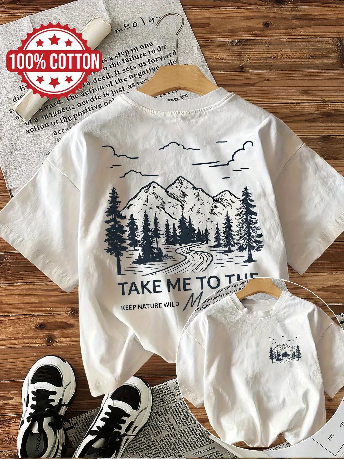 100% coton femmes T-Shirt montagne paysage graphique T-Shirt avec "Take Me To The Wild" Slogan décon