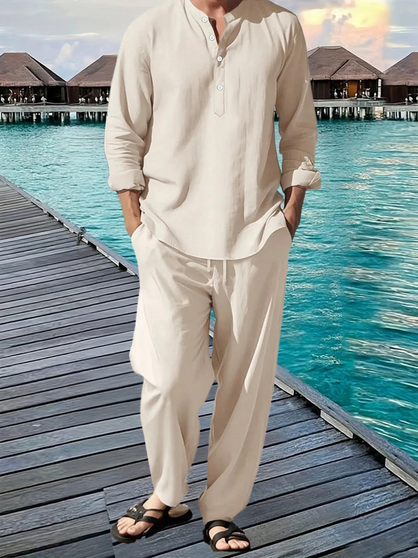 Henley – costume chemise et pantalon pour hommes, léger et respirant, Streetwear, couleur unie, bout