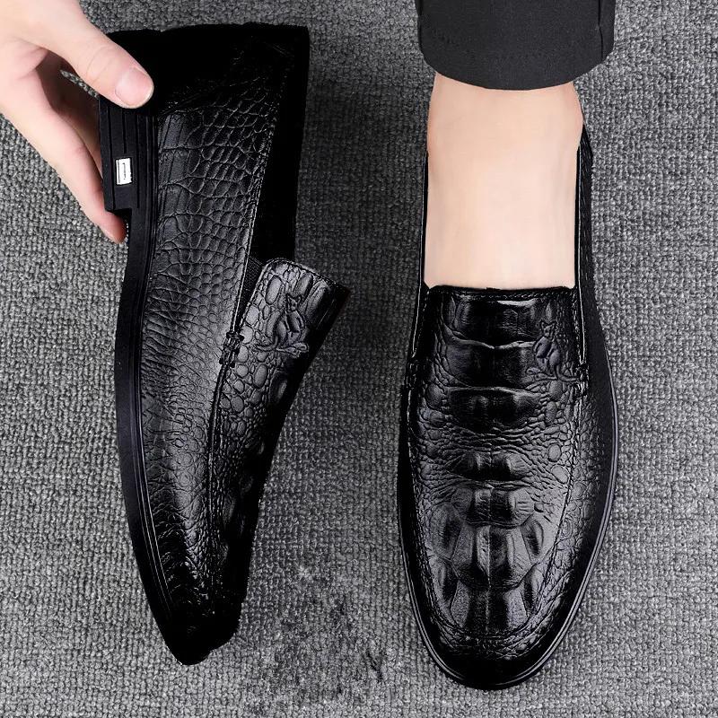 Chaussures décontractées en cuir véritable pour hommes, mocassins d'affaires formels, motif crocodil