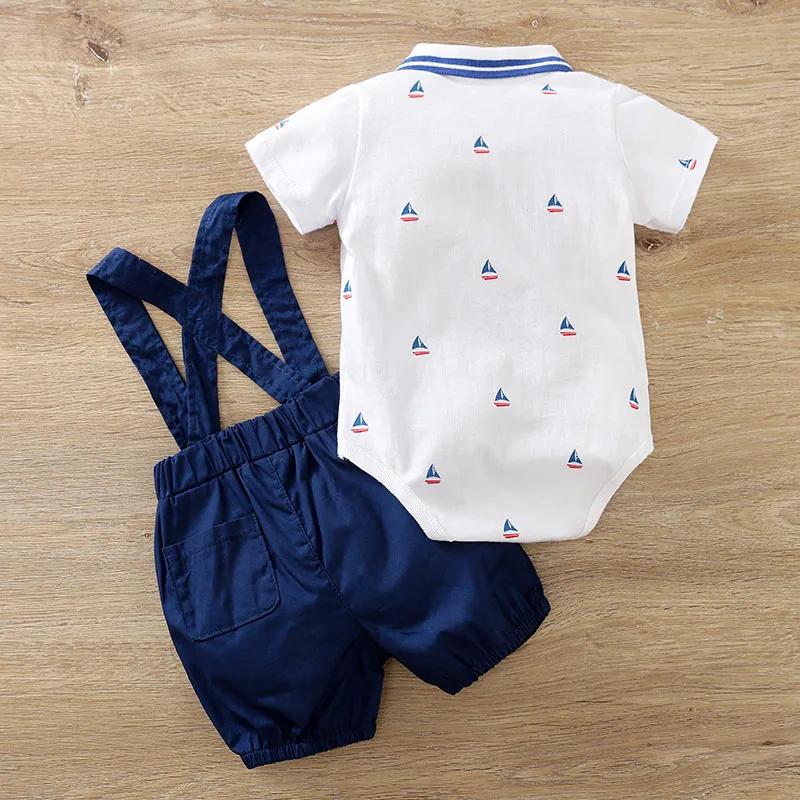 Ensemble été bébé coton imprimé voilier body manches courtes pantalon bretelles 2 pièces