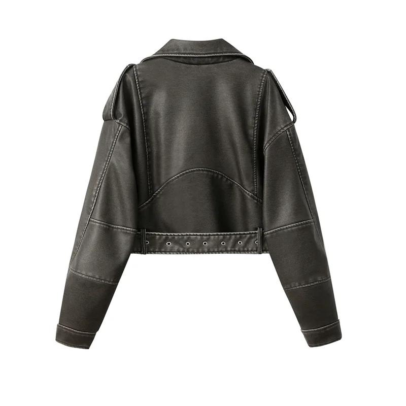 2025New Coal gray le Veste en cuir lavé pour femme avec ceinture, manteau court avec fermeture éclai