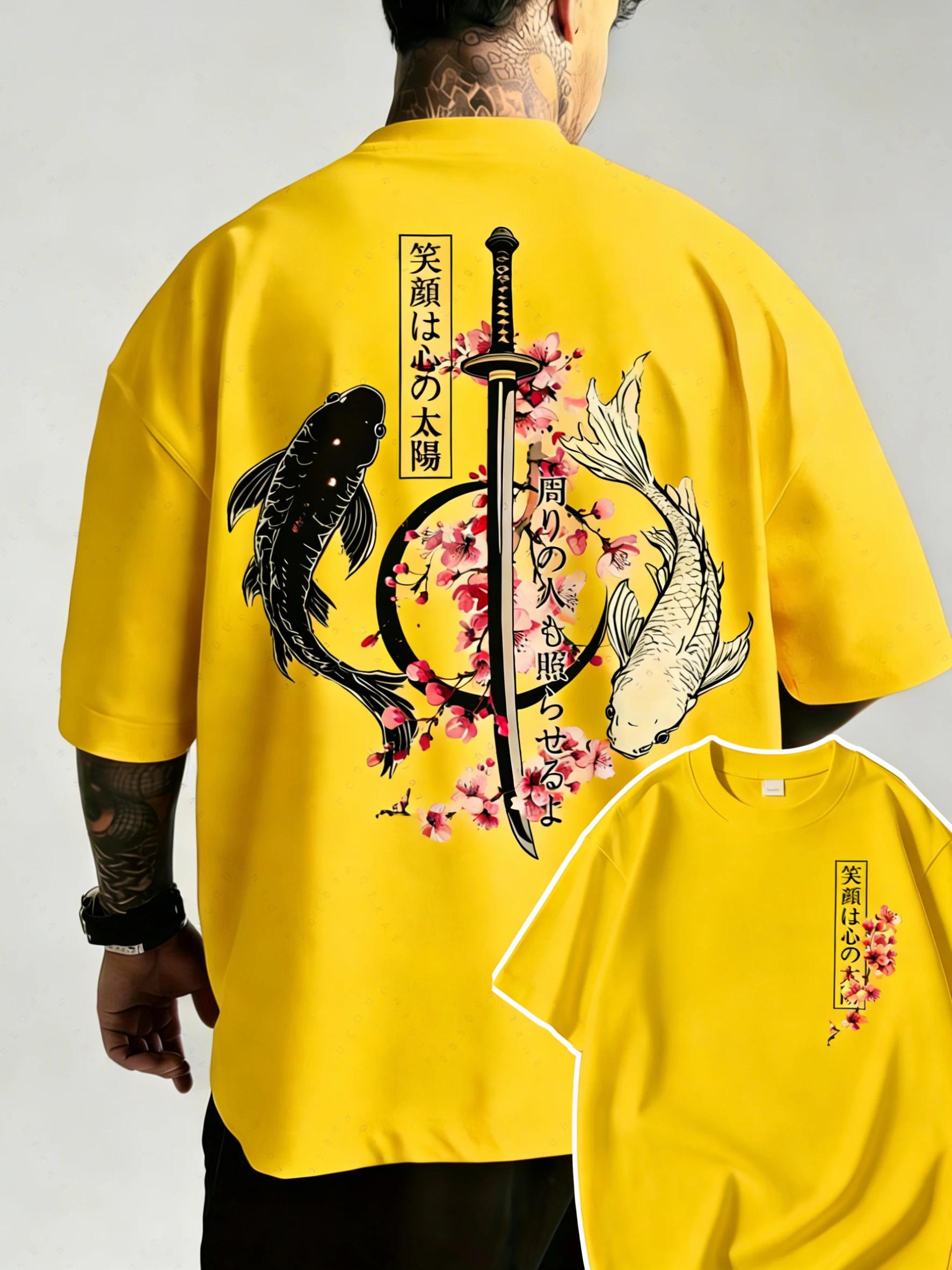 T-Shirt d'été en coton pour hommes, motif poisson Koi et épée de samouraï japonais Yin Yang, à manch