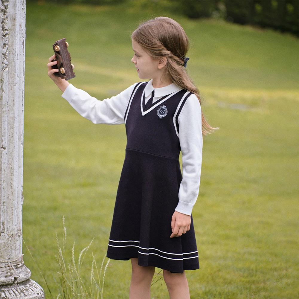 Dave Bella enfants robe printemps automne manches longues filles coton jupes collège Style vêtements