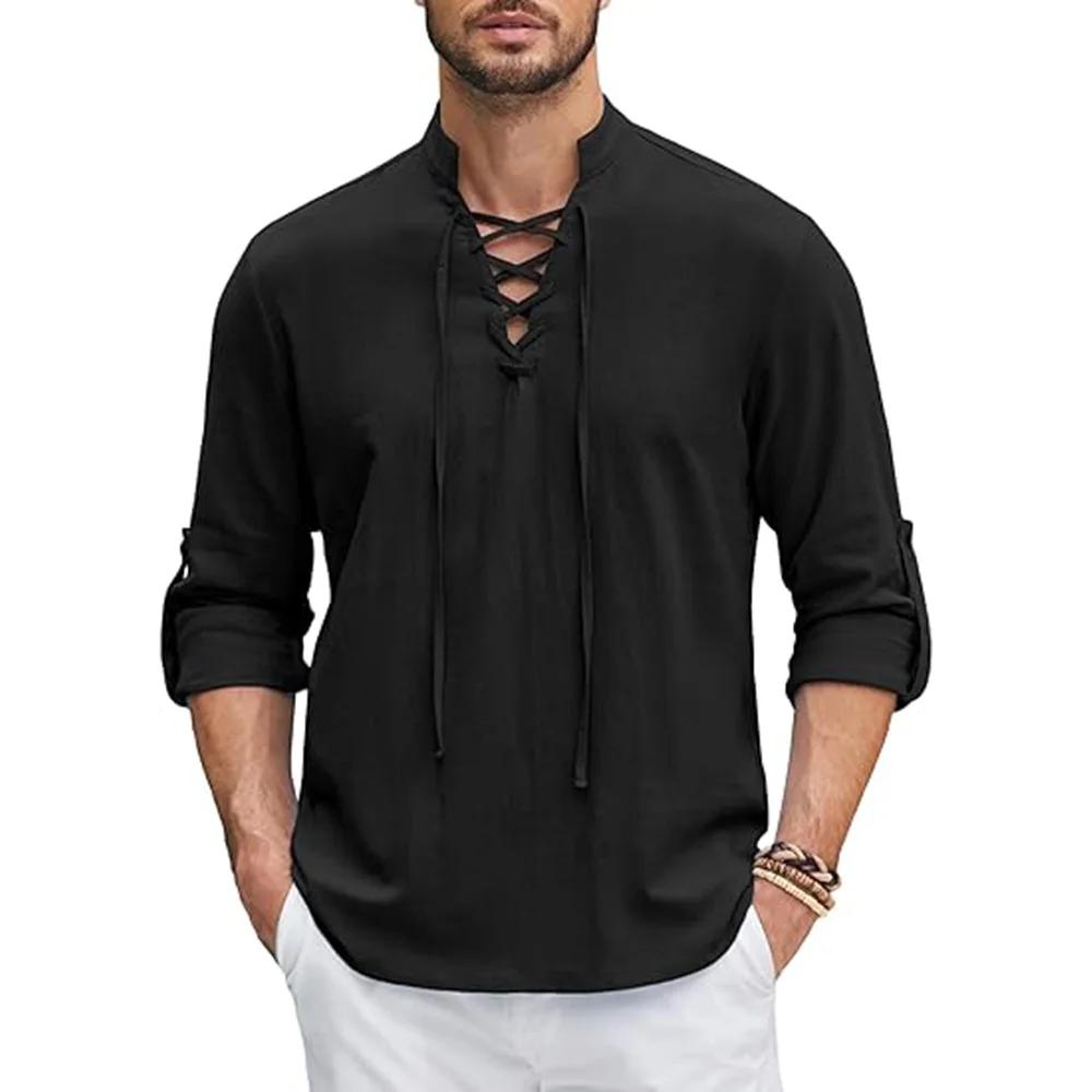 Chemise Renaissance pour hommes, haut Pirate Viking médiéval, chemises en coton et lin, manches long