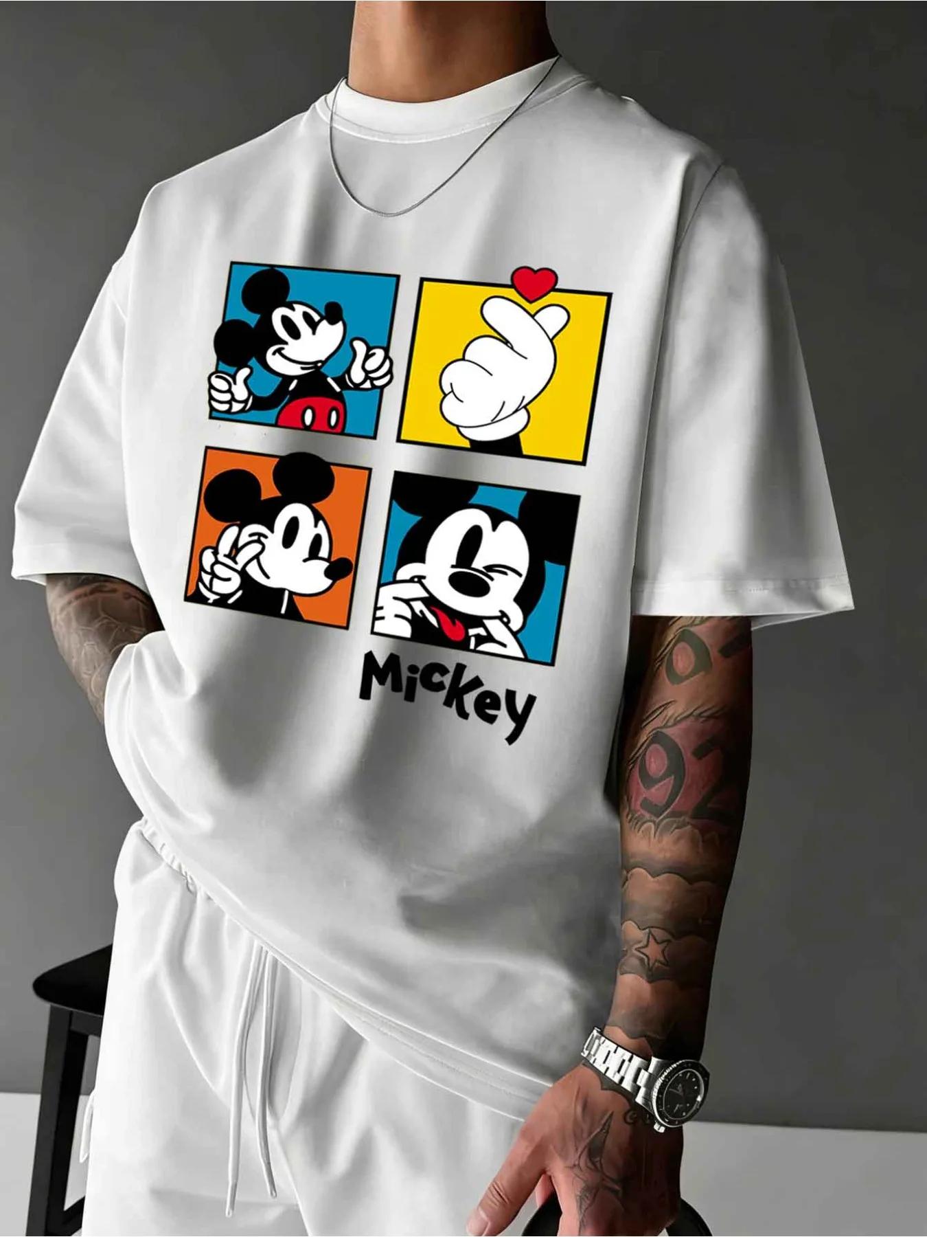 T-Shirt imprimé Mickey Mouse pour hommes, vêtements d'été décontractés, mignons, à manches courtes, 
