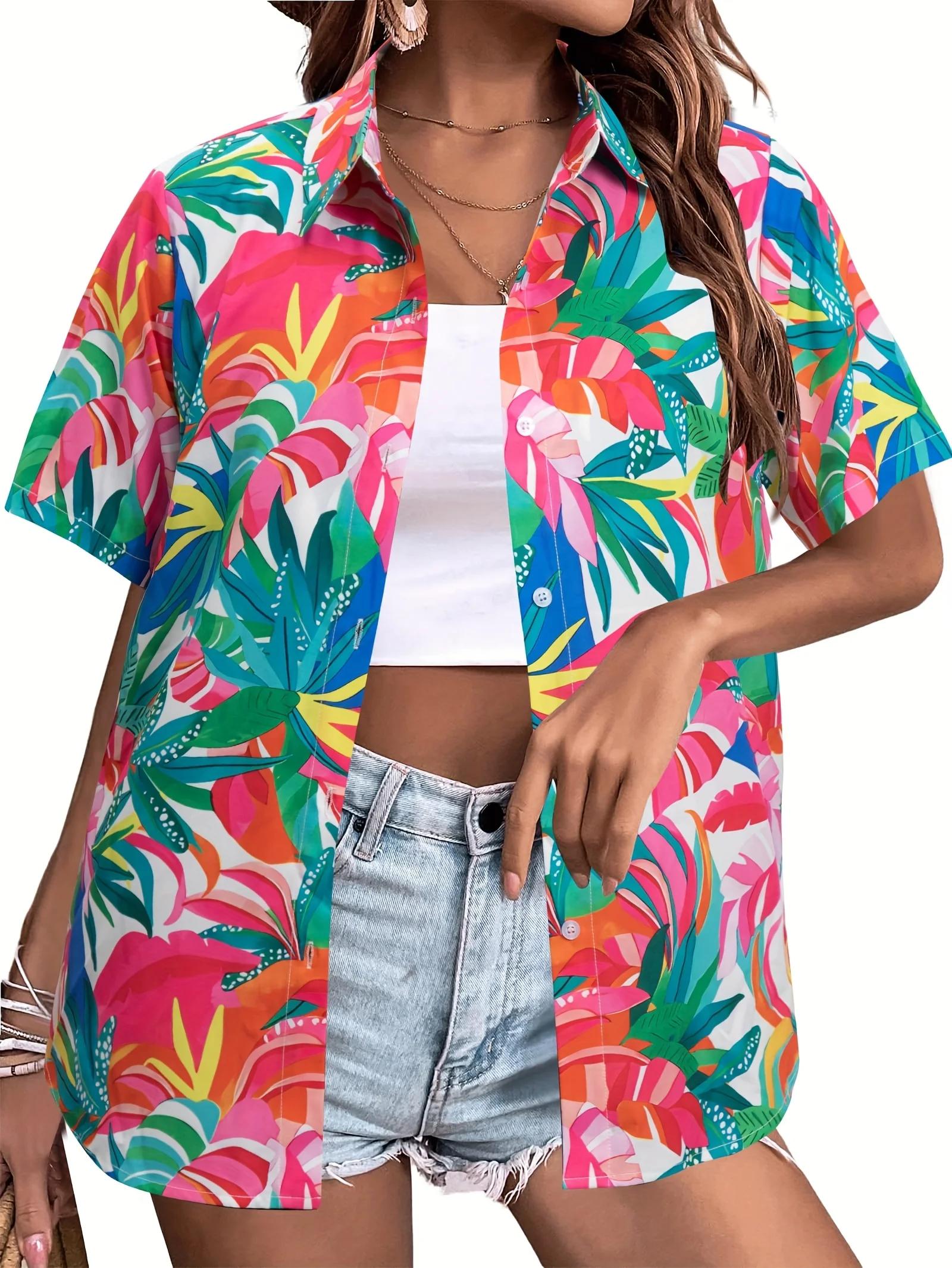 Mode d'été femmes hawaïen cocotier imprimé à manches courtes revers décontracté bouton chemise hauts