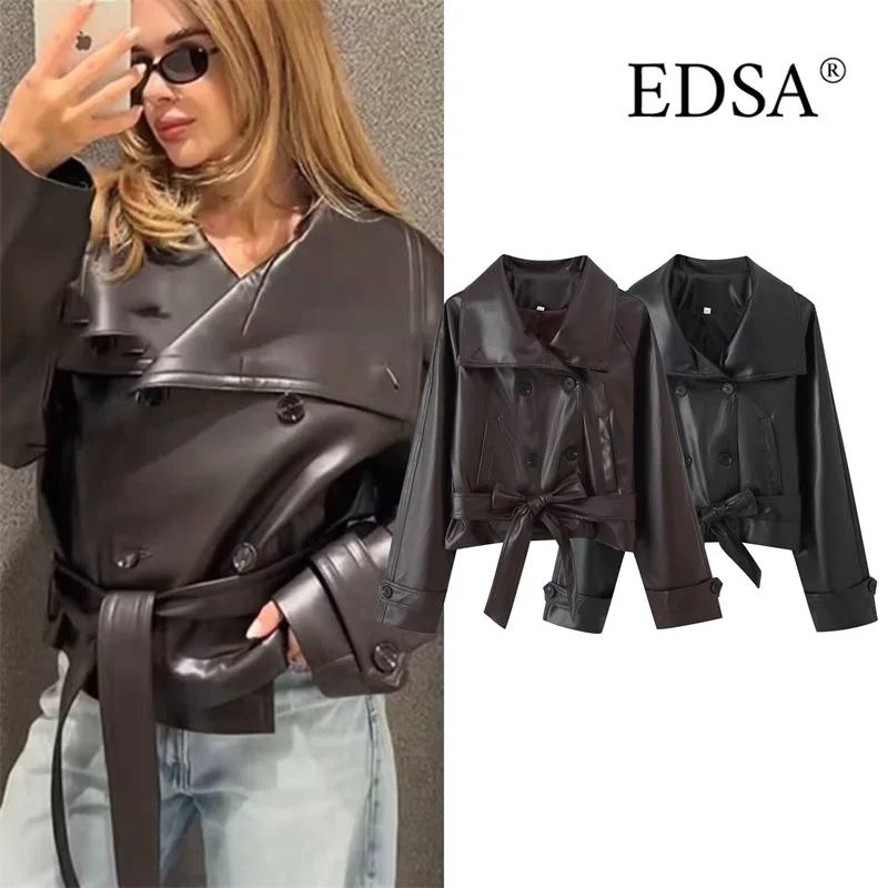 EDSA femmes veste courte en cuir PU avec ceinture Double boutonnage manches longues Vintage femme ma