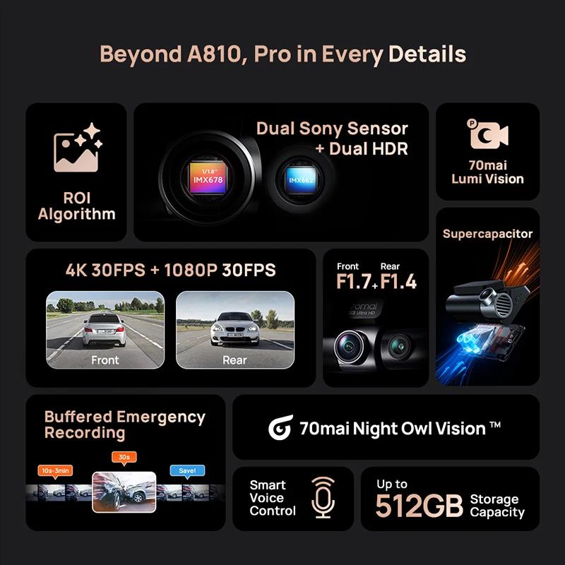 Nouvelle caméra embarquée 70mai A810S 4K HDR GPS ADAS Enregistrement automatique Détection de mouvem