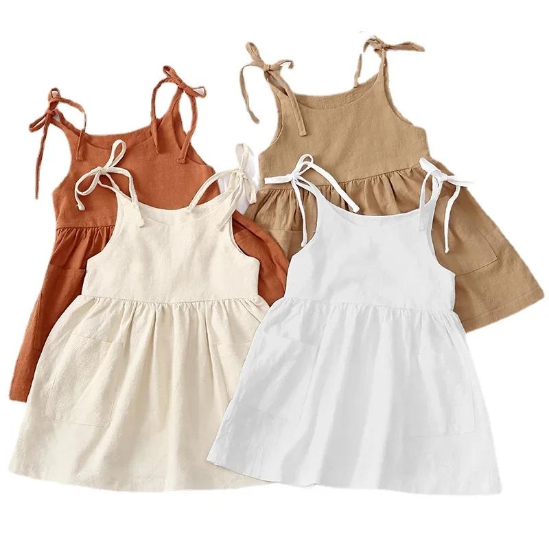 Robe d'été en coton solide pour petites filles, sans manches, pour enfants, vêtements à la mode pour