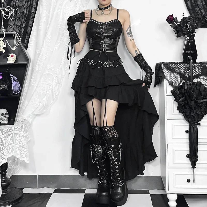 Goth foncé Kawaii noir jupes à plusieurs niveaux 90S rétro ourlet irrégulier bas de fête centre comm