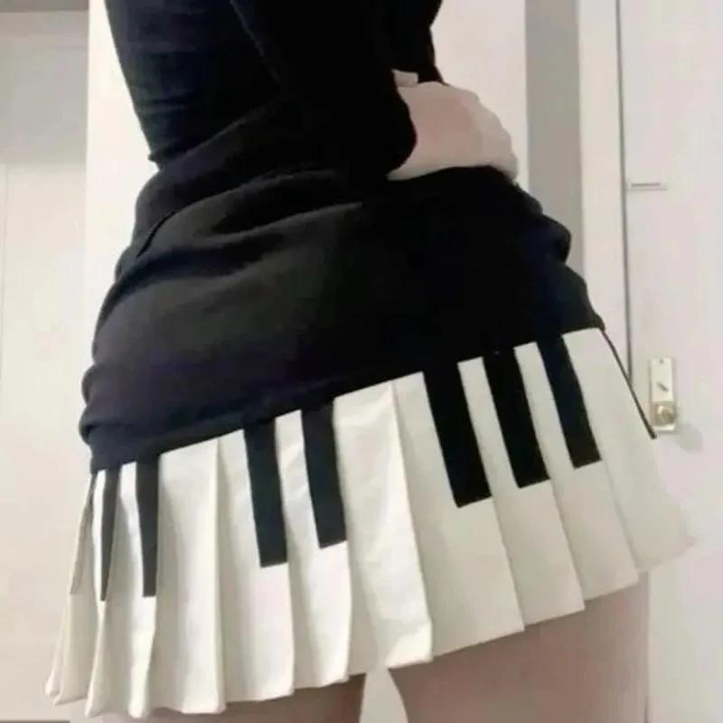 Jupe plissée vintage piano noir et blanc de style doux et épicé pour femmes, nouveau design de print
