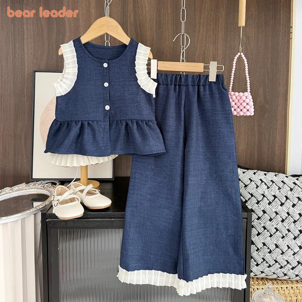 Costume denim imitation bleu fille Bear Leader version coréenne - Ensemble 2 pièces été sans manches jambes larges