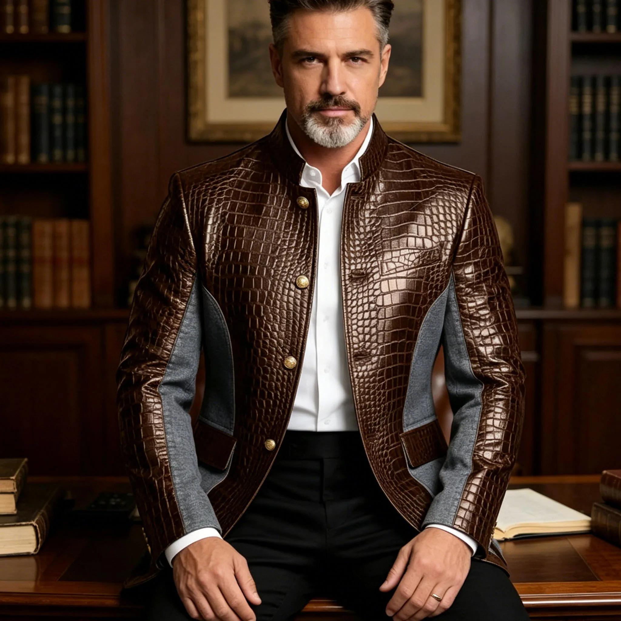 Blazer en cuir PU de luxe marron pour homme, effet croco, patchwork denim, col montant, coupe ajusté