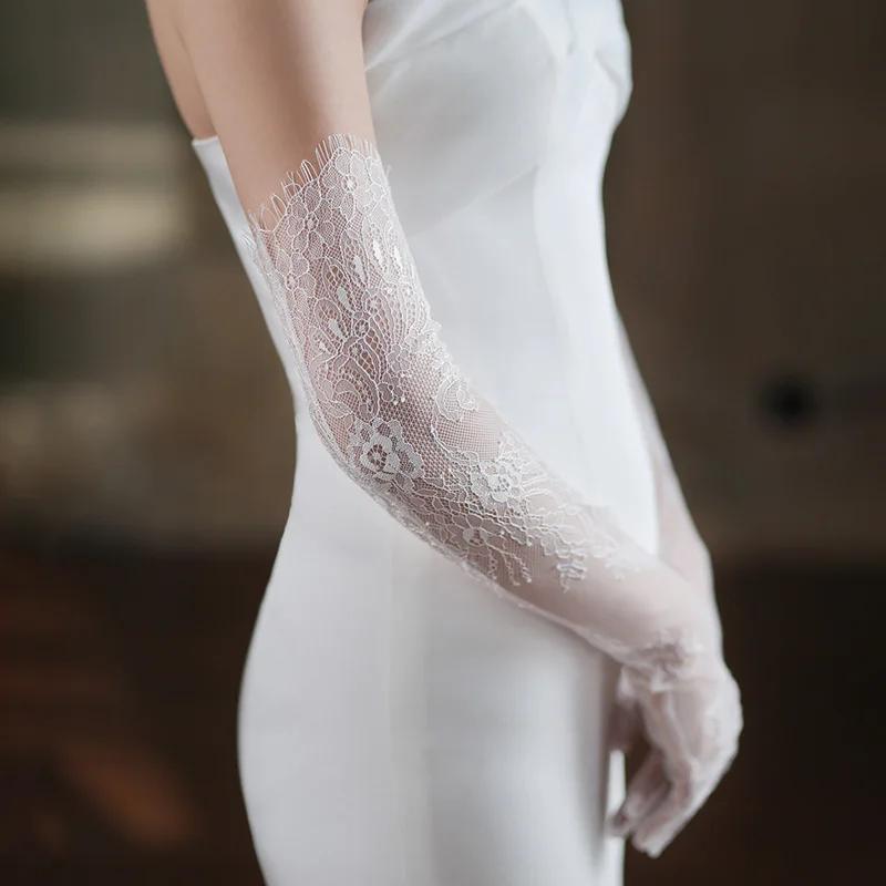 Gants longs en dentelle blanche, maille Sexy, cils, Tulle, coude de mariée, accessoires de Costume d