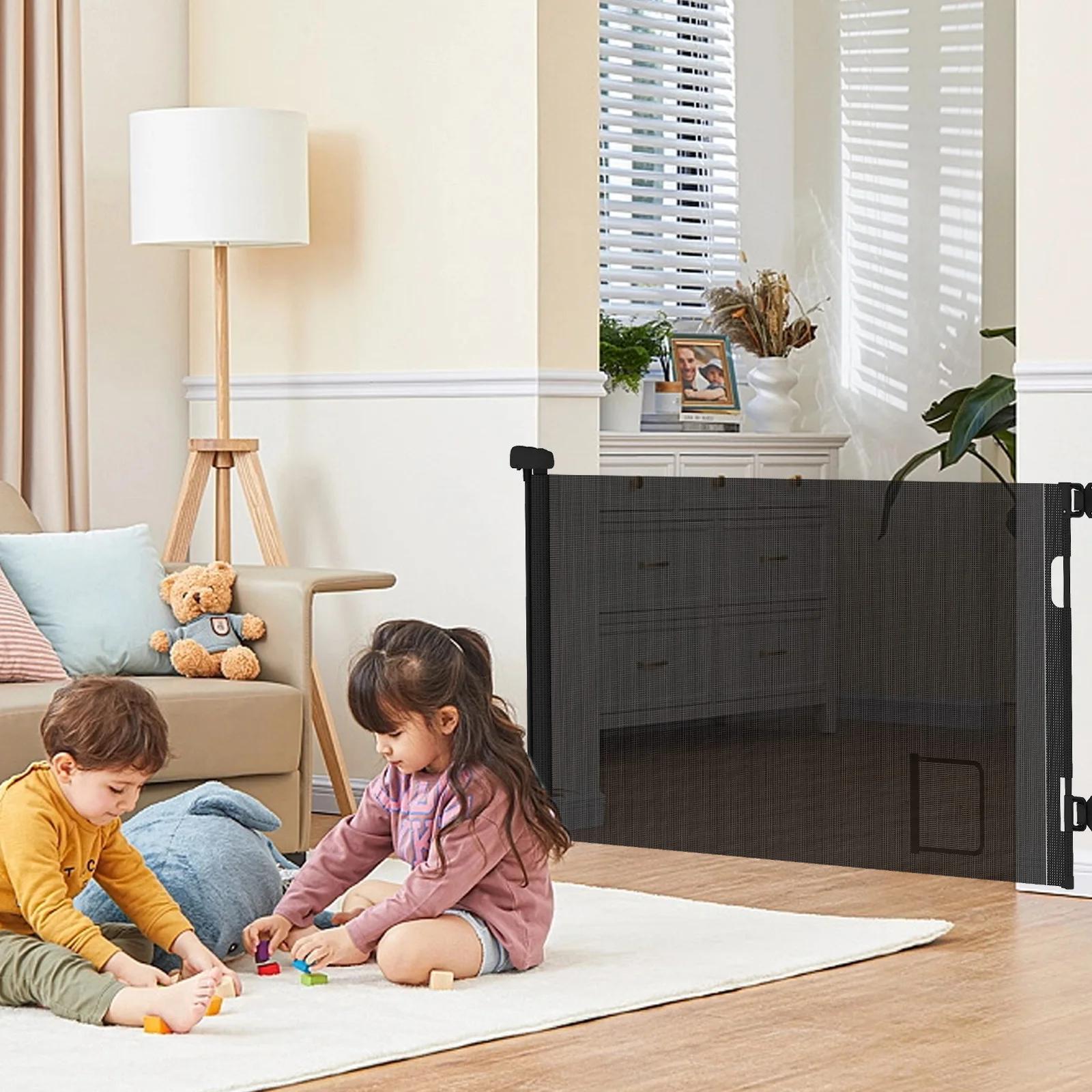 Porte de sécurité rétractable pour bébé 0-150 cm, avec trou pour chat, porte de sécurité enroulable 