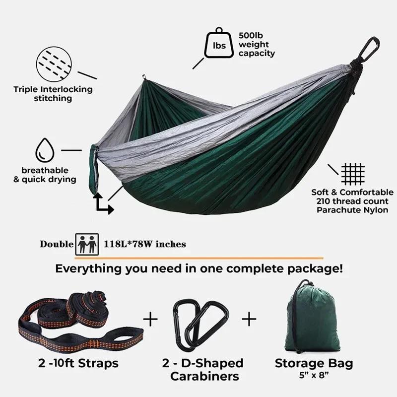 Double hamac de Camping surdimensionné, hamac à sangles d'arbre Portable, hamac de voyage en Nylon 2