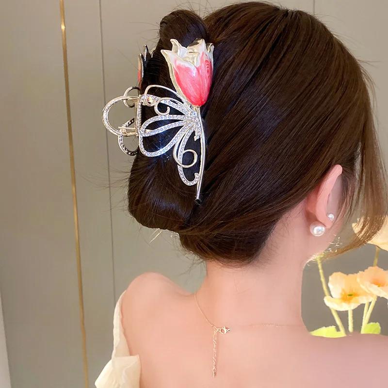 Pince à cheveux fleur douce pour femme, queue de cheval exquise, pince requin, épingles à cheveux po